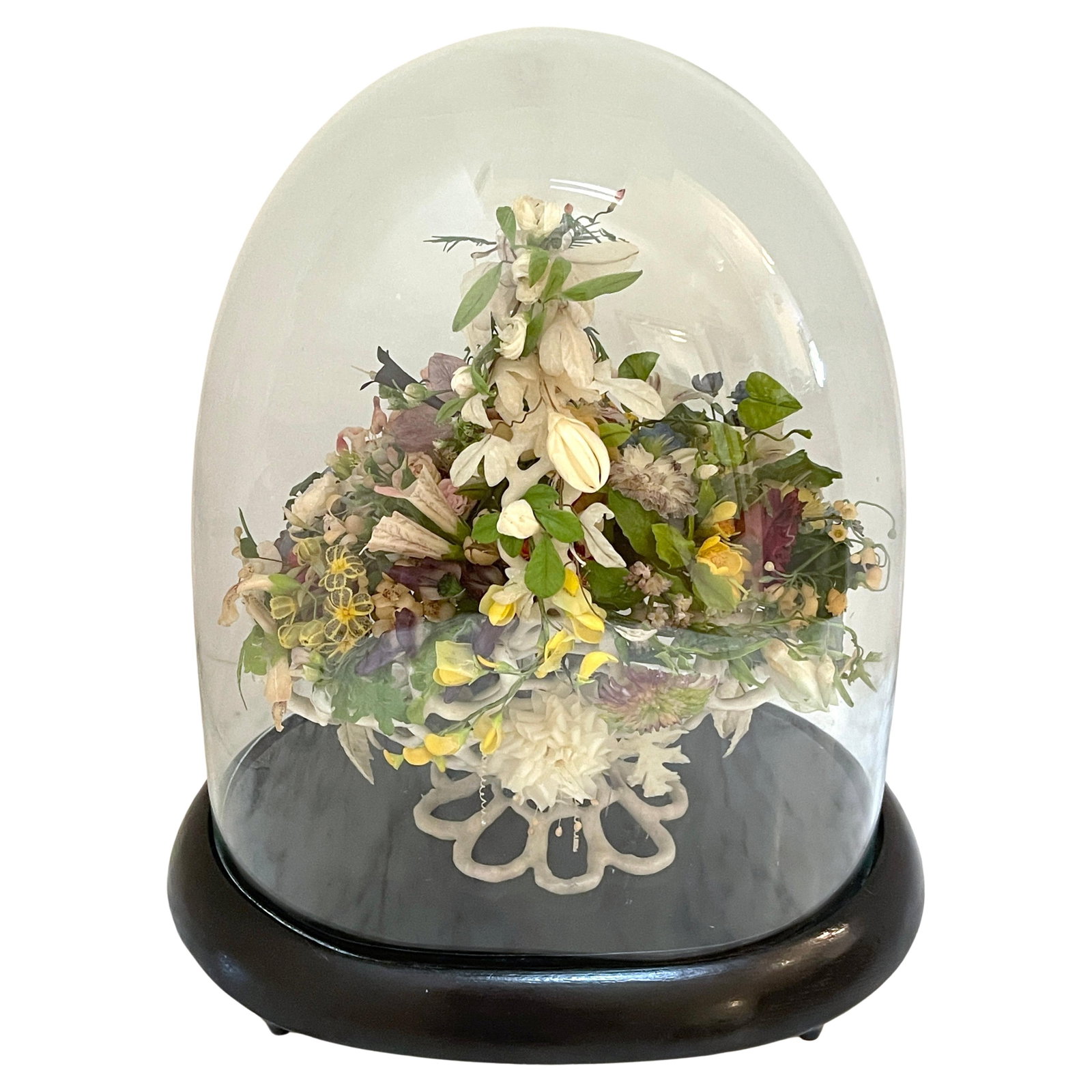 Victorian Wax Flower Basket Still Life Under Glass Dome 1880s: Victorian Wax Flower Basket Still Life Under Glass Dome 1880s Discover an exquisite piece of Victorian artistry with this Wax Flower Basket Still Life, expertly crafted in the late 19th century, circa