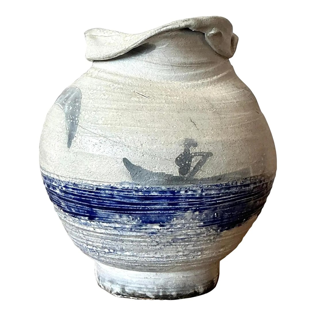 Handmade Studio Pottery Vase with Cobalt Blue and Moon Motif: Handmade Studio Pottery Vase with Cobalt Blue and Moon Motif This vintage studio pottery vase embodies Mid-Century and later boho style with its hand-thrown, globular form and rustic texture. The vase