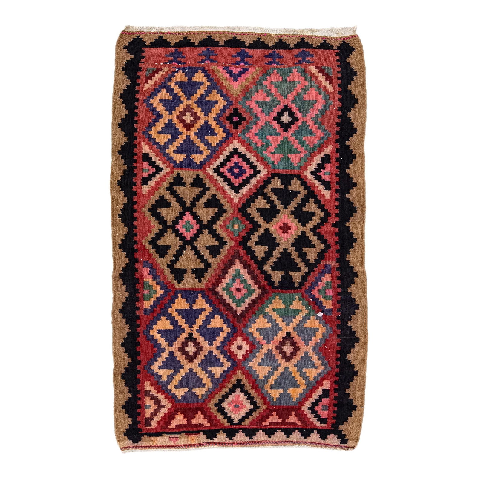Vintage Turkish Kilim Handmade Geometric Wool Rug 4'2 x 7' Multicolor: Vintage Turkish Kilim Handmade Geometric Wool Rug 4'2 x 7' Multicolor This stunning vintage Turkish Kilim rug showcases exquisite hand-knotting in rich wool, featuring a vibrant ruby red field embelli