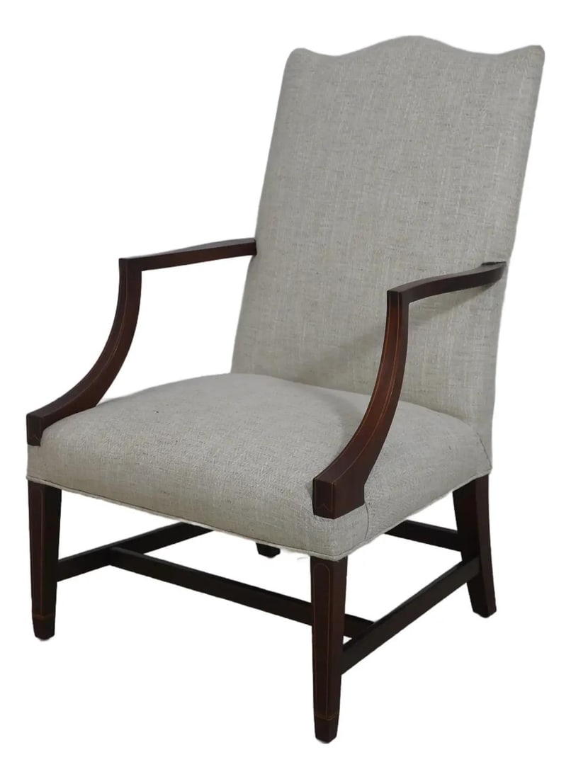 Kindel Federal Mahogany Lolling Chair with Inlay Accents: Kindel Federal Mahogany Lolling Chair with Inlay Accents This exquisite Kindel Inlaid Federal Mahogany Lolling Chair showcases high-quality craftsmanship with beautiful inlay work throughout. The chai
