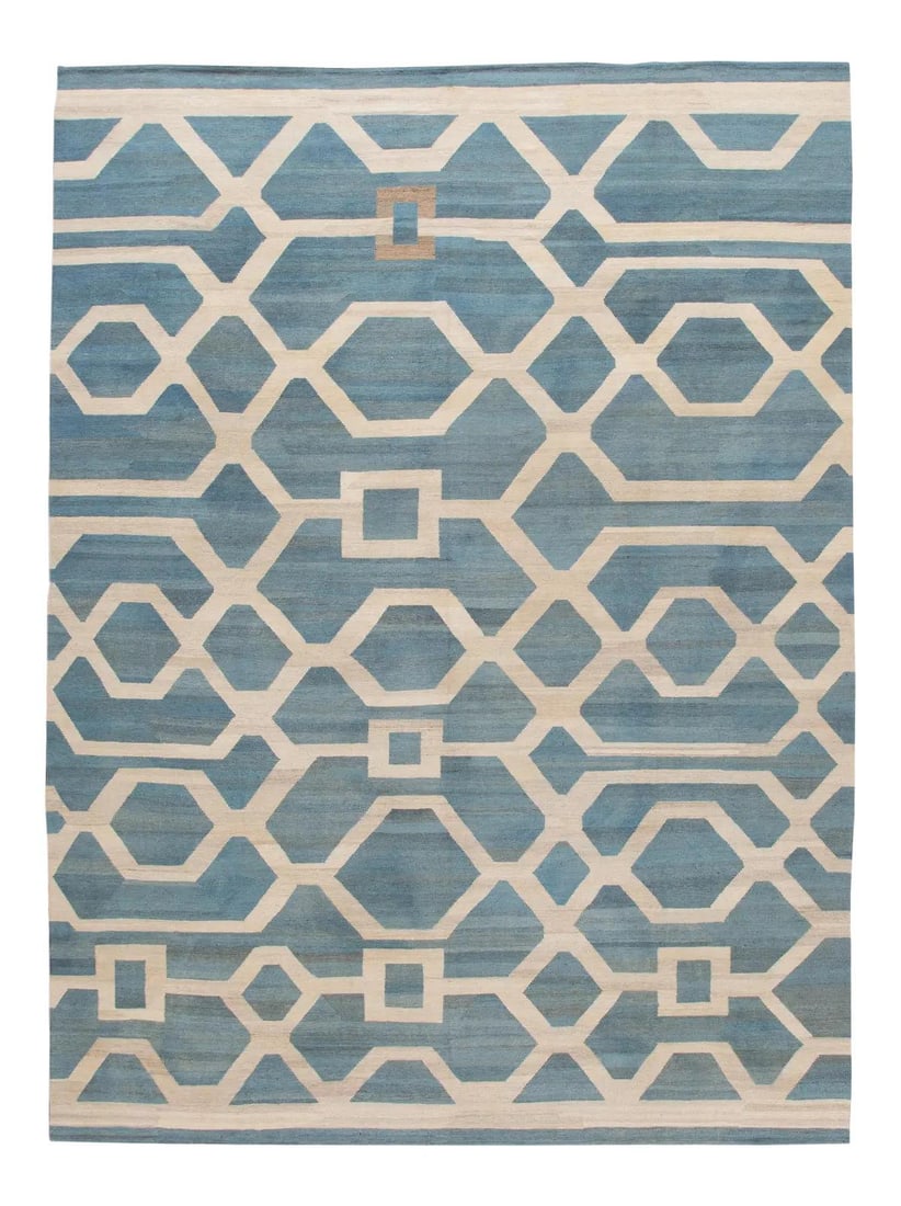 Modern Blue Wool Kilim Rug 9'11 x 13'4 Geometric Design: Modern Blue Wool Kilim Rug 9'11 x 13'4 Geometric Design Enhance your space with this stunning modern flatweave Kilim rug, meticulously handmade from quality wool. The vibrant blue field is beautifully