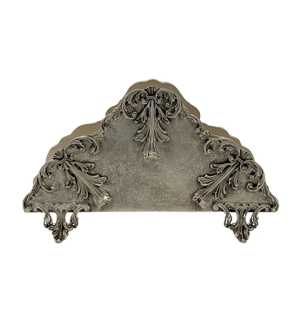 Handmade 925 Sterling Silver Leaf Applique Napkin Holder: Handmade 925 Sterling Silver Leaf Applique Napkin Holder This exquisite napkin holder is crafted from fine 925 sterling silver and features stunning handmade leaf applique designs that add an ornate t