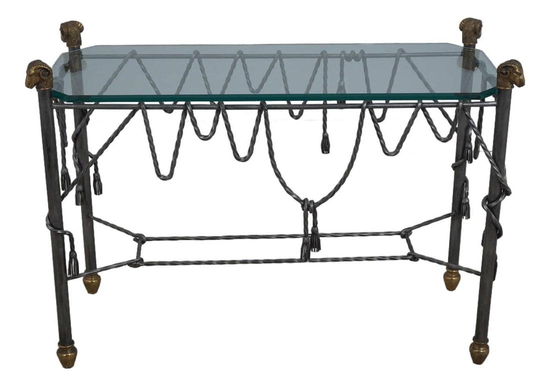 Beveled Glass Rams Head Console Table Iron Brass (1 of 10)