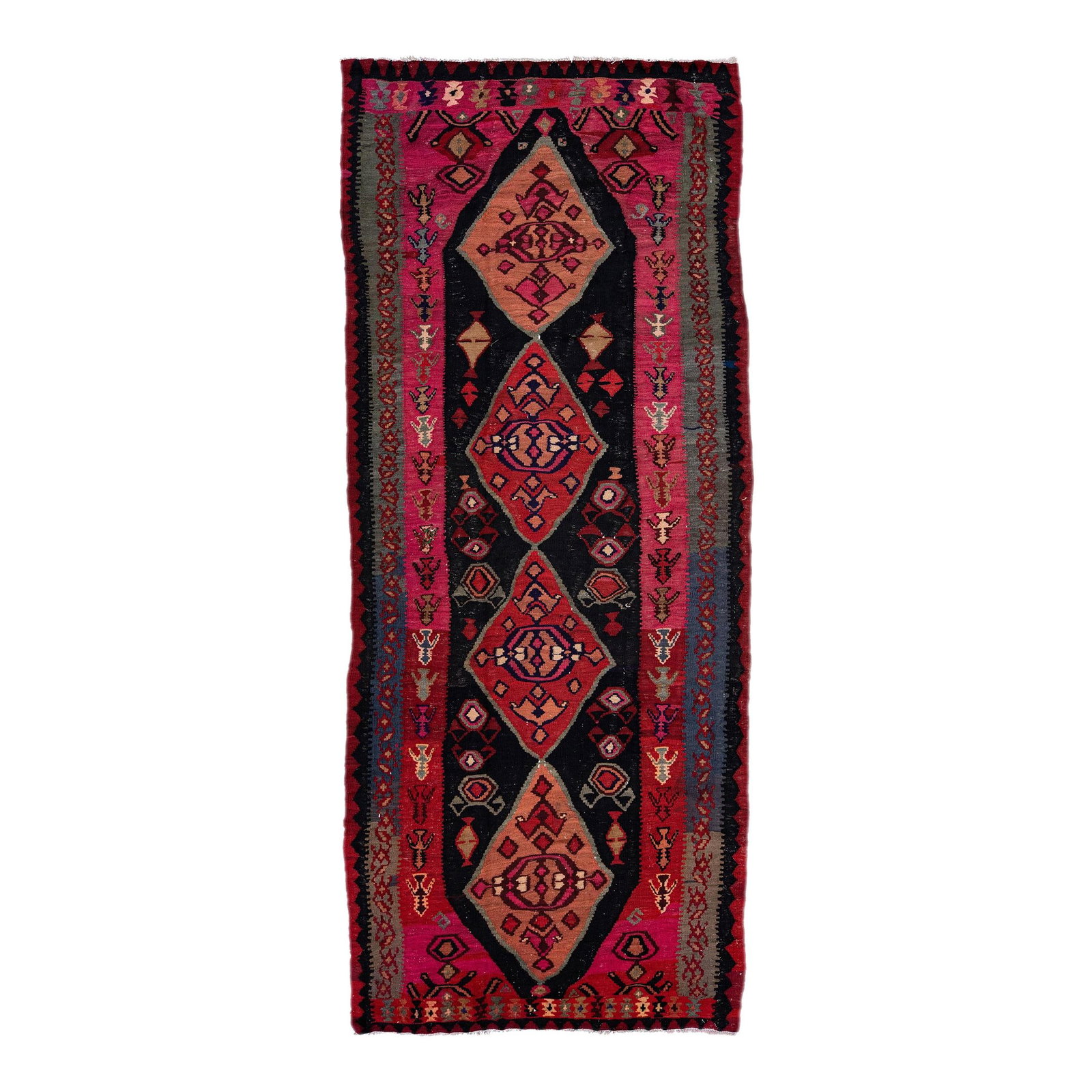 Vintage Turkish Kilim Pink Wool Rug 5'2 x 12'2 Handmade Tribal Design: Vintage Turkish Kilim Pink Wool Rug 5'2 x 12'2 Handmade Tribal Design This stunning vintage Turkish Kilim rug features a vibrant pink field complemented by a gray frame and multicolored geometric trib