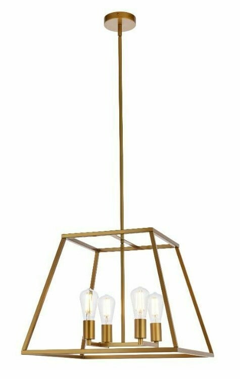 Living District Declan 4-Light Brass Pendant Fixture: Living District Declan 4-Light Brass Pendant Fixture This modern chandelier features a trapezoid-shaped open lantern shade in a brass finish, designed to complement a variety of interior spaces such a