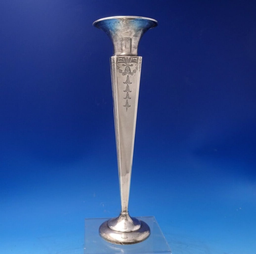 J Wagner and Son Sterling Silver Vase 12.5 Inch Weighted Bright-Cut Design: J Wagner and Son Sterling Silver Vase 12.5 Inch Weighted Bright-Cut Design This exquisite vase from J. Wagner & Son showcases a stunning bright-cut design, making it a standout piece for any collectio