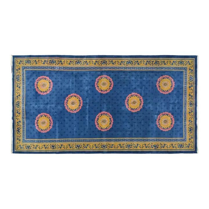 8'x15'4" Hand-Knotted Wool Art Deco Chinese Rug in Blue: 8'x15'4" Hand-Knotted Wool Art Deco Chinese Rug in Blue This vintage Chinese Art Deco rug is hand-knotted from wool using traditional techniques. It features a soft, durable texture and a blue color p