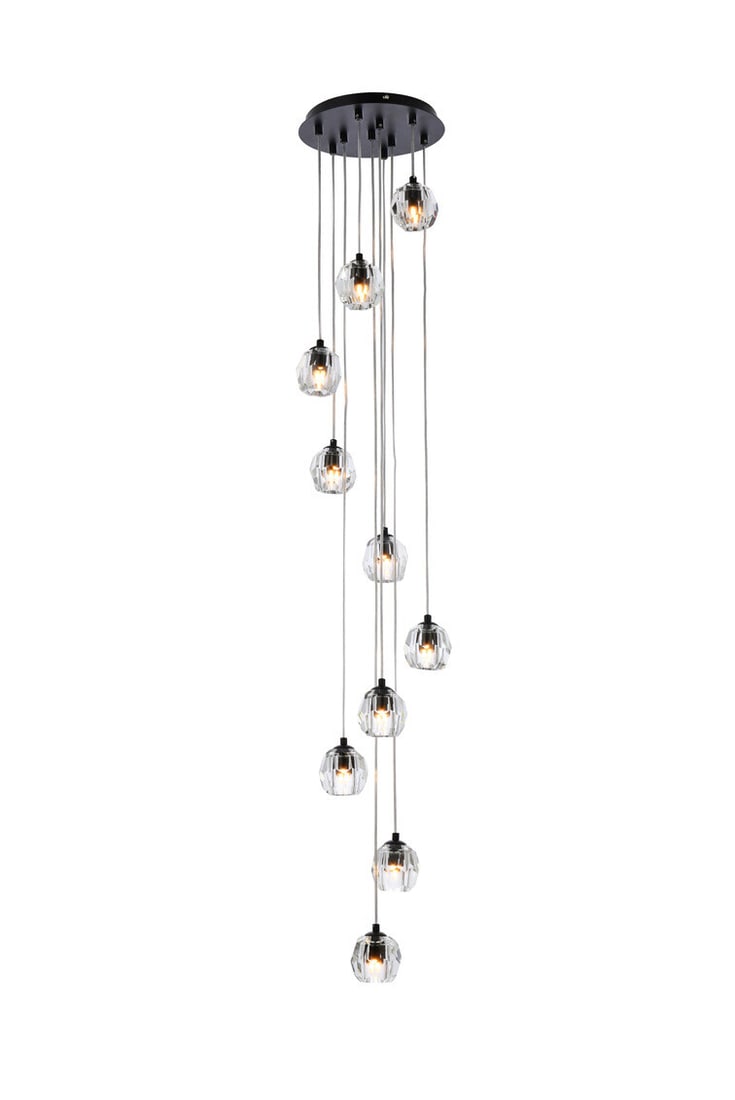 Eren Black Crystal 10-Light Pendant Chandelier: Eren Black Crystal 10-Light Pendant Chandelier This modern black and crystal pendant chandelier features ten adjustable lights and a sleek, round design. The fixture combines iron, stainless steel, an