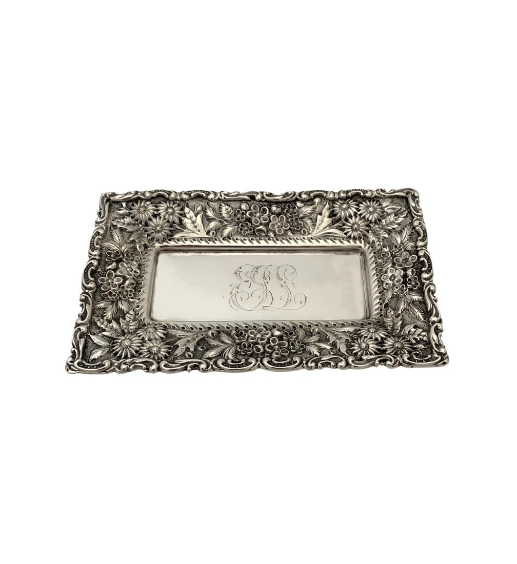 Antique Jacobi & Jenkins 925 Sterling Silver Floral Tray 5.50 x 3.50 Inches: Antique Jacobi & Jenkins 925 Sterling Silver Floral Tray 5.50 x 3.50 Inches This exquisite antique tray by Jacobi & Jenkins is crafted from 925 sterling silver and features a stunning handmade heavy r
