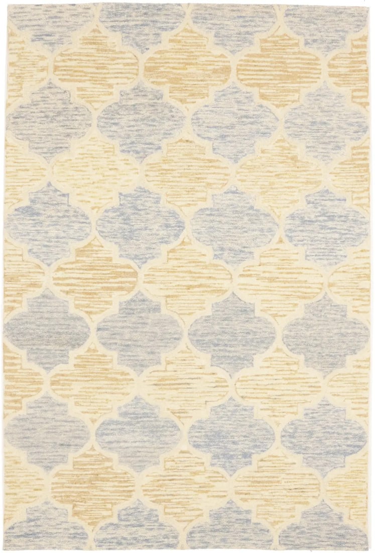 5x8 Wool Trellis Pattern Rug Hand-Tufted Modern Multicolor Area Carpet: 5x8 Wool Trellis Pattern Rug Hand-Tufted Modern Multicolor Area Carpet This hand-tufted area rug features a modern trellis pattern in a variety of multicolored tones such as gold, blue-gray, and cream