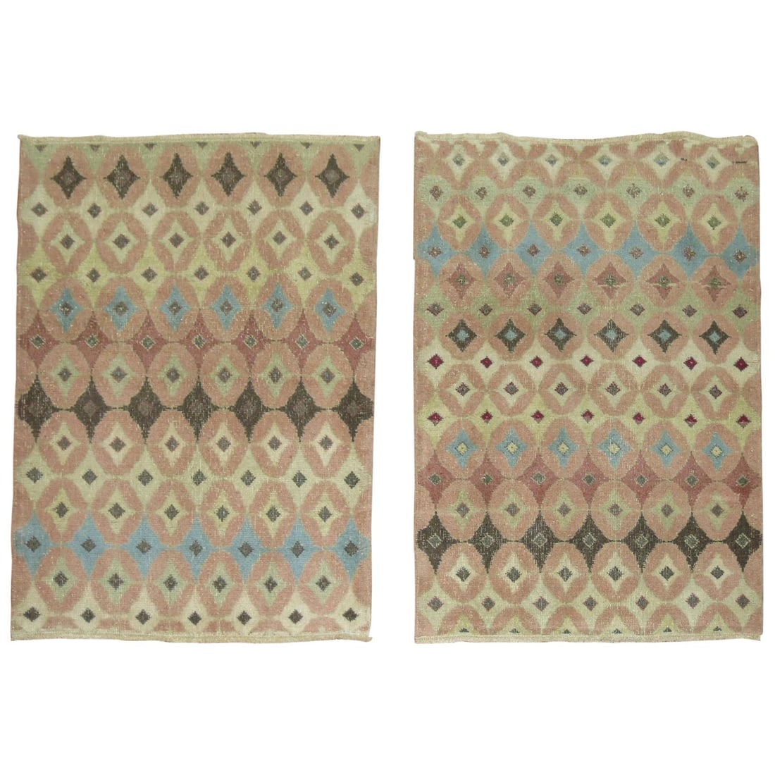 Set of 2 Turkish Wool Art Deco Scatter Rugs: Set of 2 Turkish Wool Art Deco Scatter Rugs This pair of vintage Turkish Art Deco rugs from the 20th century features a vibrant assortment of colors and geometric patterns. Crafted from wool, each rug
