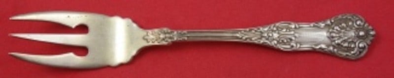 Sterling silver New King salad fork with gold wash three-tine 6 inch: Sterling silver New King salad fork with gold wash three-tine 6 inch This is a sterling silver salad fork in the New King pattern by Dominick & Haff, featuring a gold wash finish and a 3-tine design. 