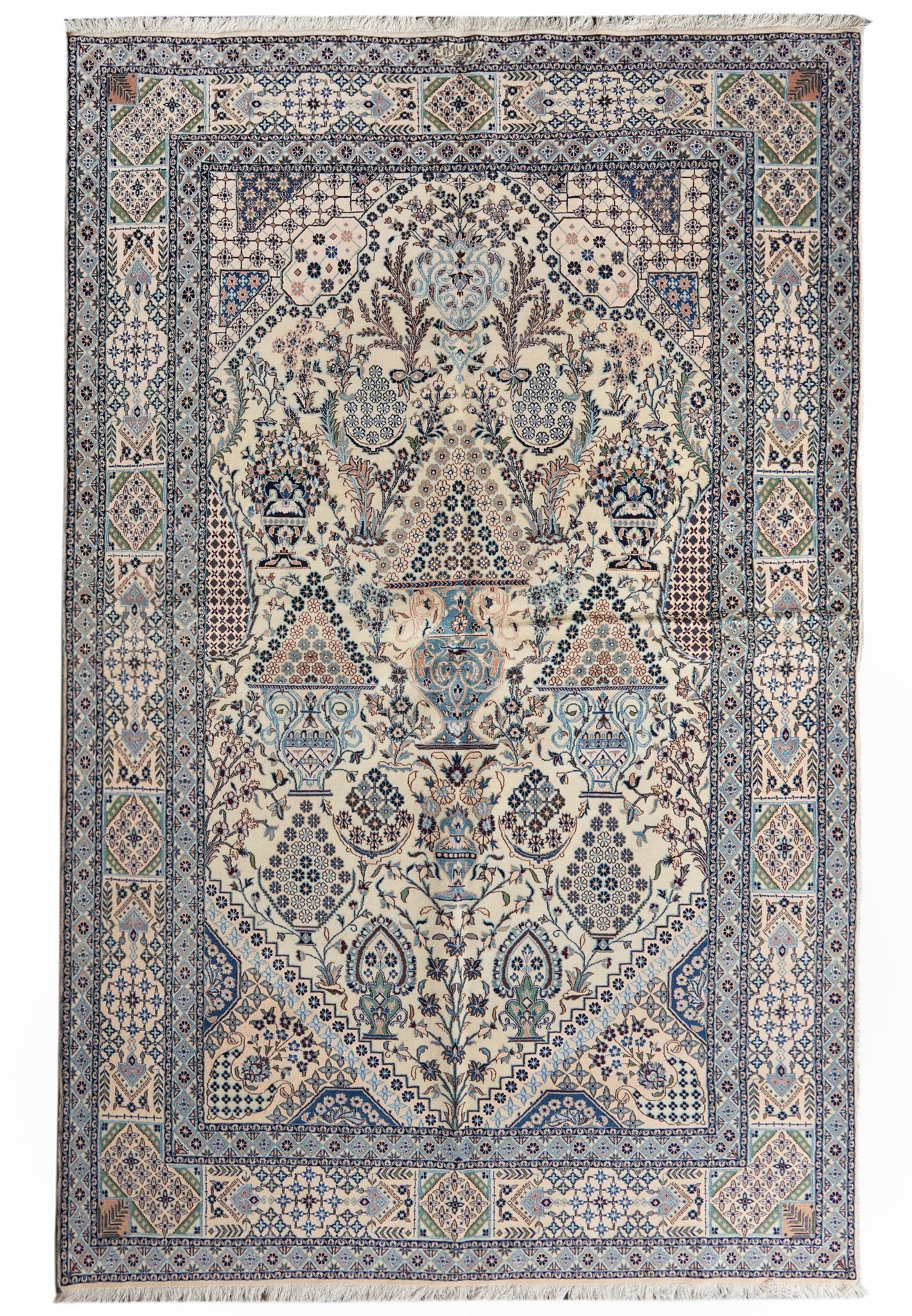 5 x 8 Signed Persian Nain Rug Green Wool Silk Handmade: 5 x 8 Signed Persian Nain Rug Green Wool Silk Handmade Free continental US Shipping Handmade Persian Nain rug in green, crafted from wool and silk. The rug is described as authentic and signed, with a