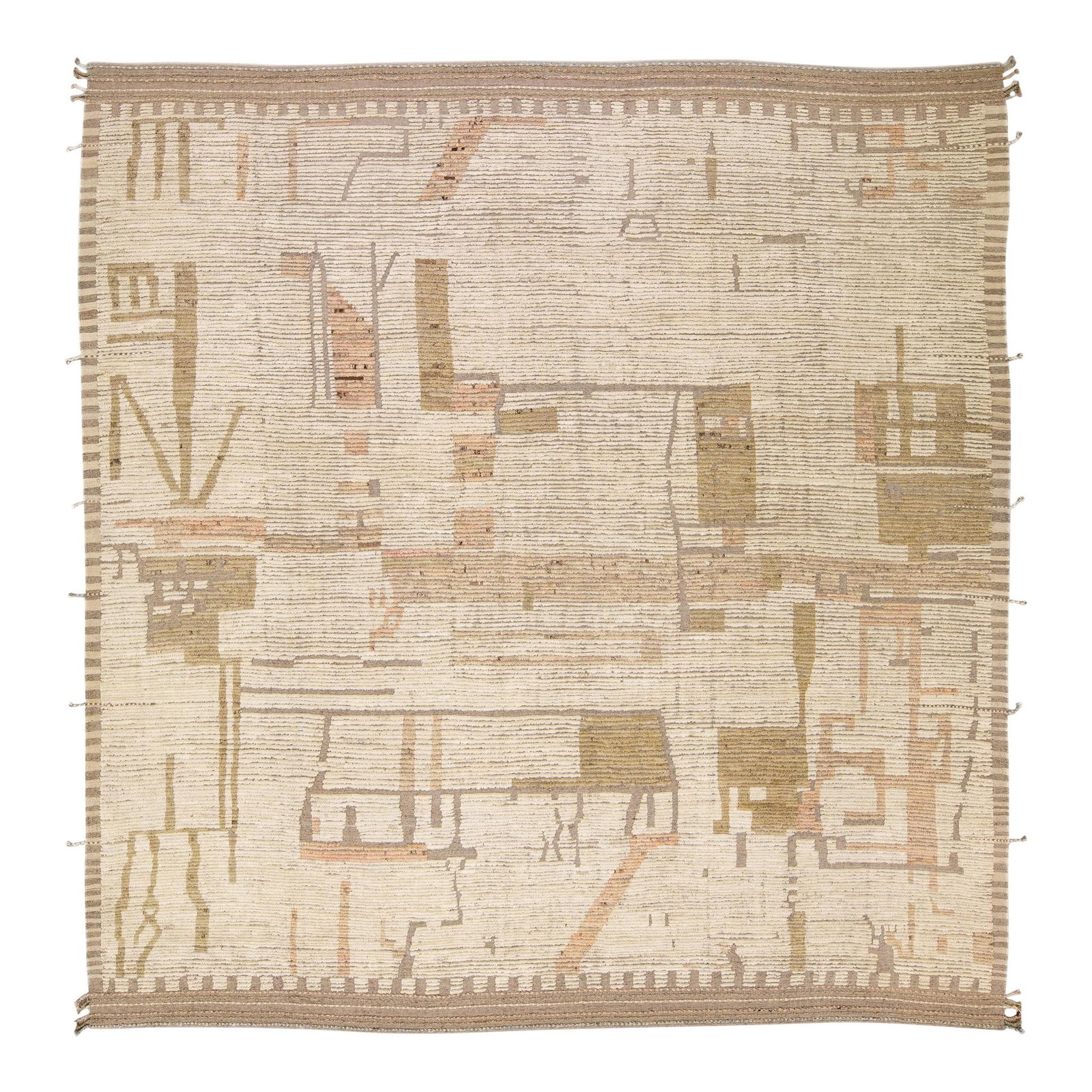 Handmade Moroccan Style Beige Abstract Wool Rug 14'1 x 14'6: Handmade Moroccan Style Beige Abstract Wool Rug 14'1 x 14'6 Enhance your living space with this stunning Moroccan style handmade wool rug, featuring a warm beige field complemented by rich brown and p