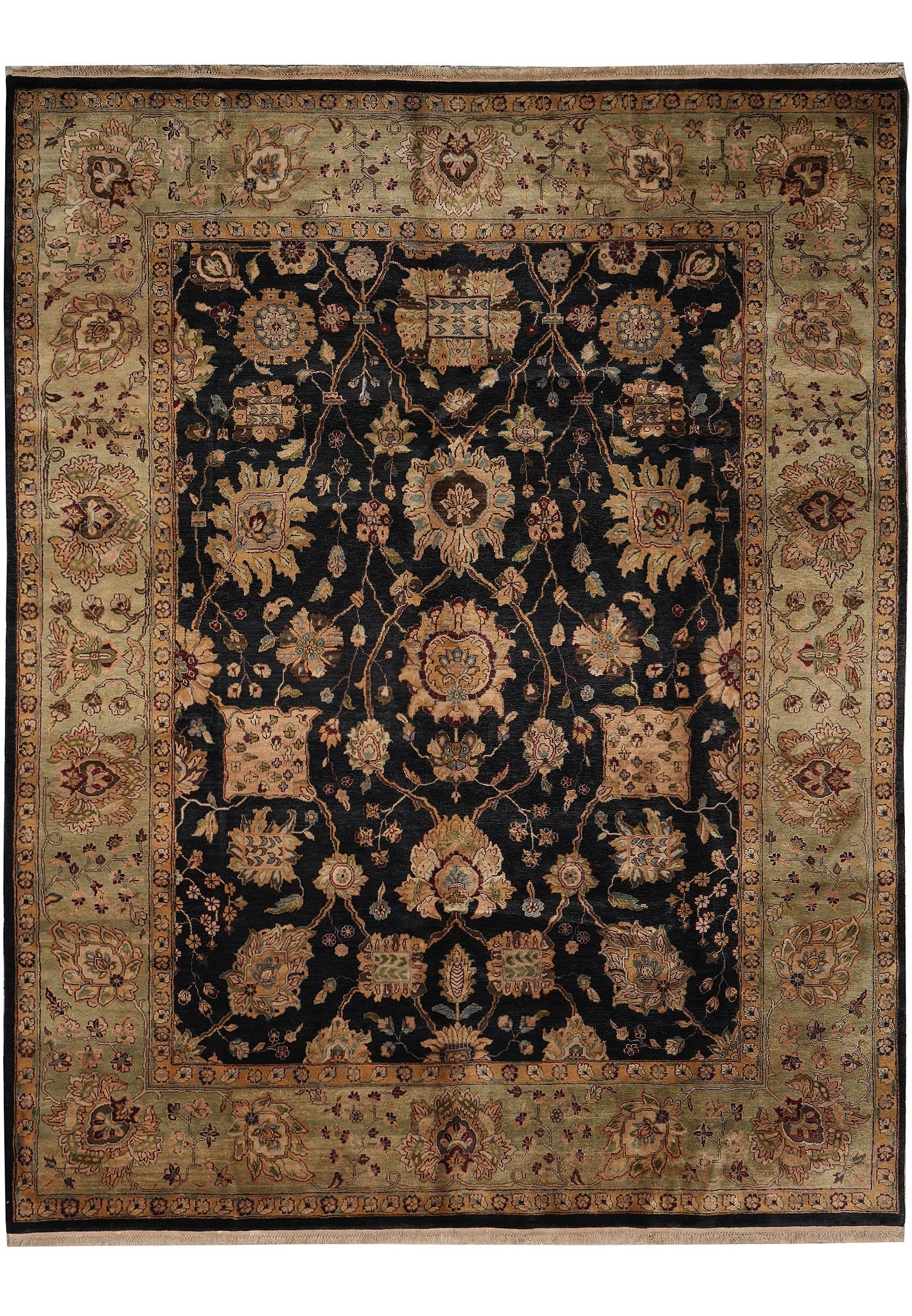8 x 10 Black Green Wool Handmade Jaipur Pakistani Rug: 8 x 10 Black Green Wool Handmade Jaipur Pakistani Rug Free continental US Shipping This 8 x 10 Jaipur-style handmade Pakistani rug features a dramatic black and green color combination in premium qual