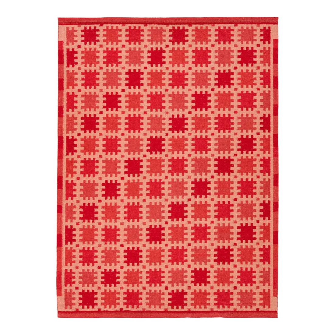 Modern Swedish Flat-Weave Geometric Red Wool Rug 9' x 12'3": Modern Swedish Flat-Weave Geometric Red Wool Rug 9' x 12'3" Enhance your living space with this exquisite Swedish-style flat-weave rug, hand-knotted from high-quality wool. Featuring a vibrant color p