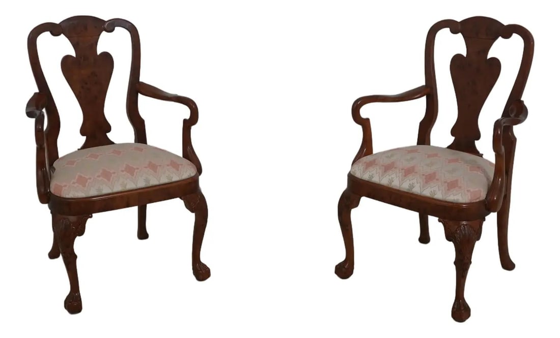 Elegant Pair of George III Style Burl Walnut Armchairs: Elegant Pair of George III Style Burl Walnut Armchairs This exquisite pair of George III Style Burl Walnut Dining Armchairs showcases timeless elegance and craftsmanship. Each chair features a stunnin