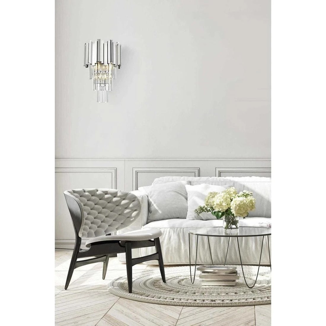 Willow Chrome Crystal 3 Light Wall Sconce 16 Inch: Willow Chrome Crystal 3 Light Wall Sconce 16 Inch This modern wall sconce features a chrome frame adorned with clear royal cut crystals, creating a sophisticated lighting accent for indoor spaces such