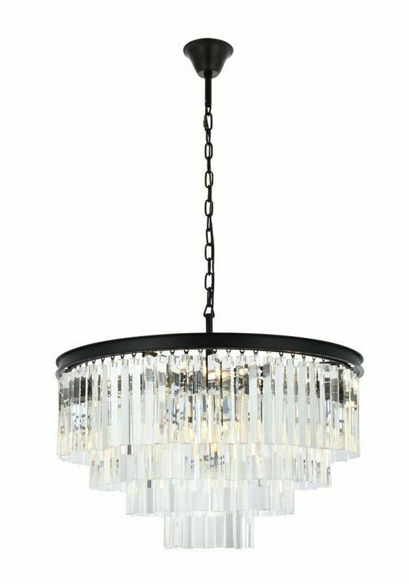 Sydney 17-Light Crystal Chandelier Matte Black 32 in: Sydney 17-Light Crystal Chandelier Matte Black 32 in Modern 17-light crystal chandelier with a matte black finish, designed for indoor use in dining rooms, kitchens, living rooms, bedrooms, foyers, ha