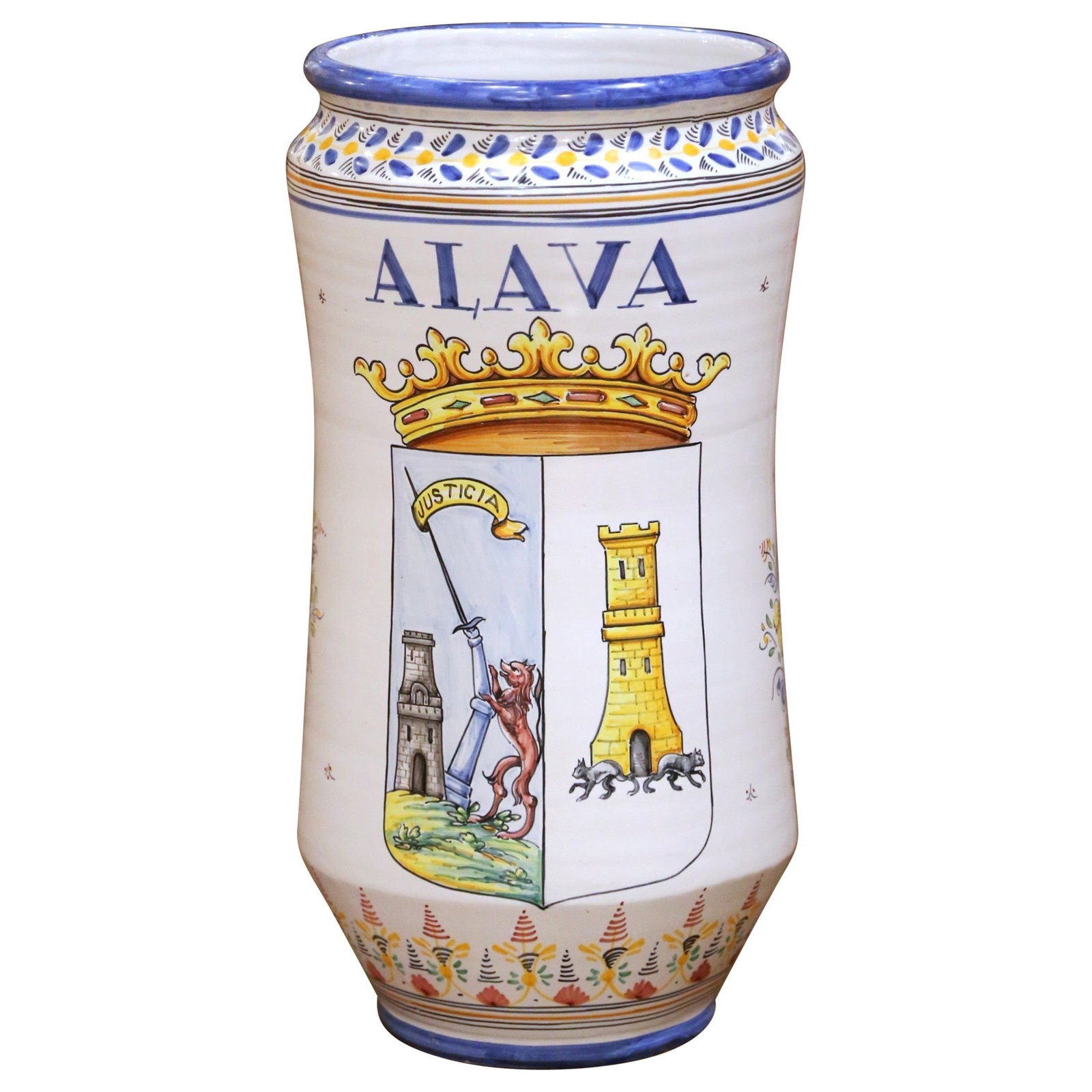 Spanish Talavera Ceramic Umbrella Holder Alava Crest 19.5 in: Spanish Talavera Ceramic Umbrella Holder Alava Crest 19.5 in This mid-century Spanish Talavera pottery umbrella stand, crafted circa 1950, features the hand-painted Alava coat of arms and the word "Ju