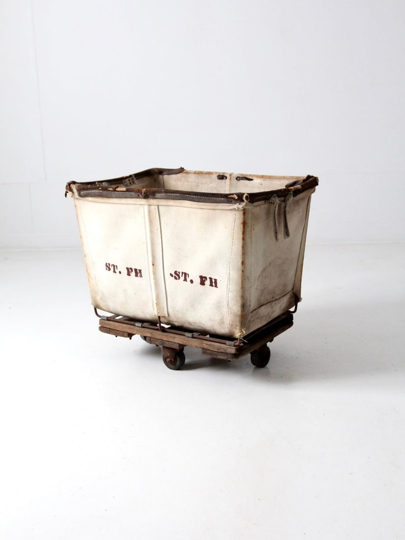 Vintage Dandux Industrial Laundry Cart Canvas Metal Leather 27x19.5x24: Vintage Dandux Industrial Laundry Cart Canvas Metal Leather 27x19.5x24 Discover the charm of the early 20th century with this vintage Dandux industrial laundry cart. It features a durable canvas baske