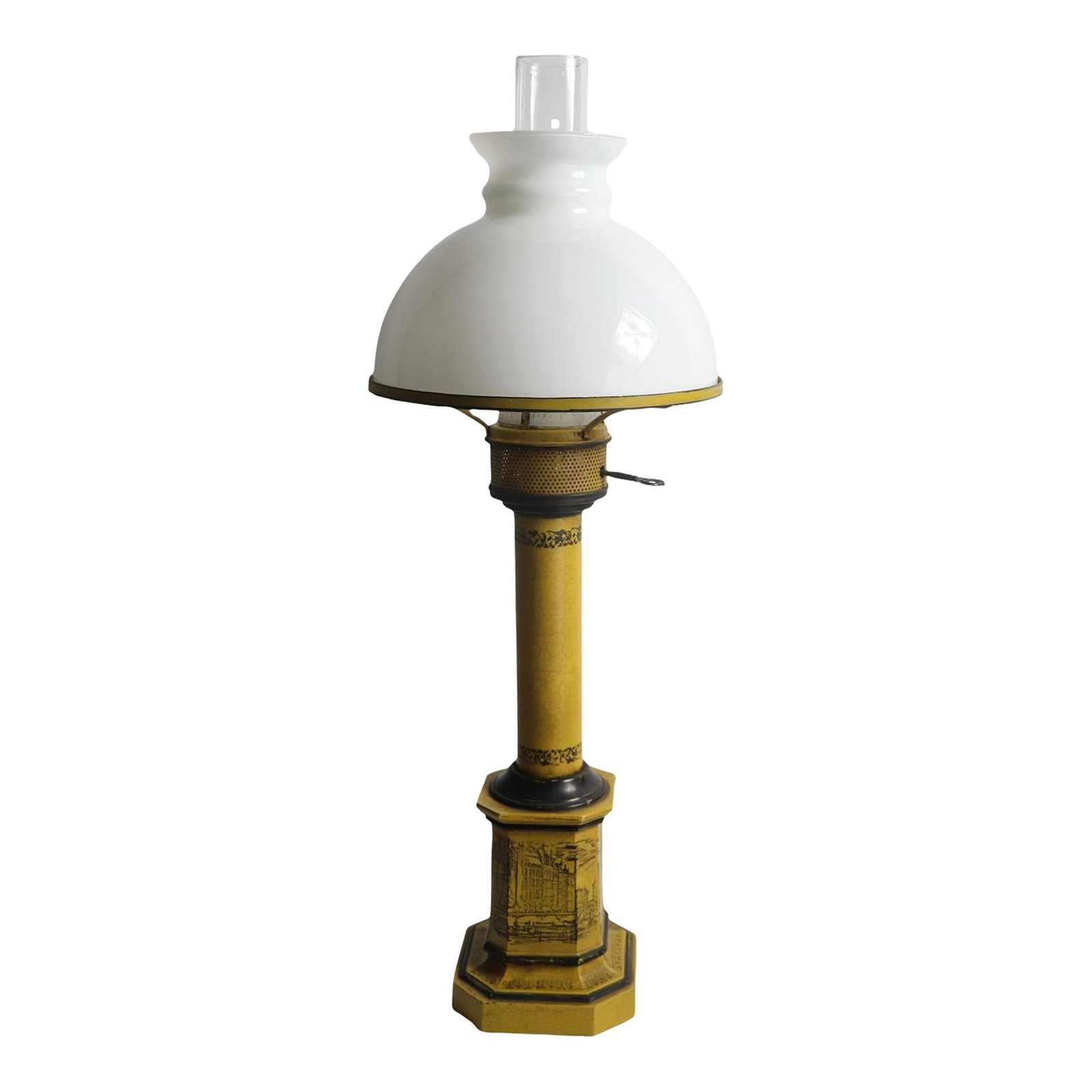 Mid 20th Century English Regency Style Table Lamp Yellow Metal Glass: Mid 20th Century English Regency Style Table Lamp Yellow Metal Glass This elegant English Regency style table lamp, dating from the mid-20th century, exudes charm and sophistication. A later reproduct
