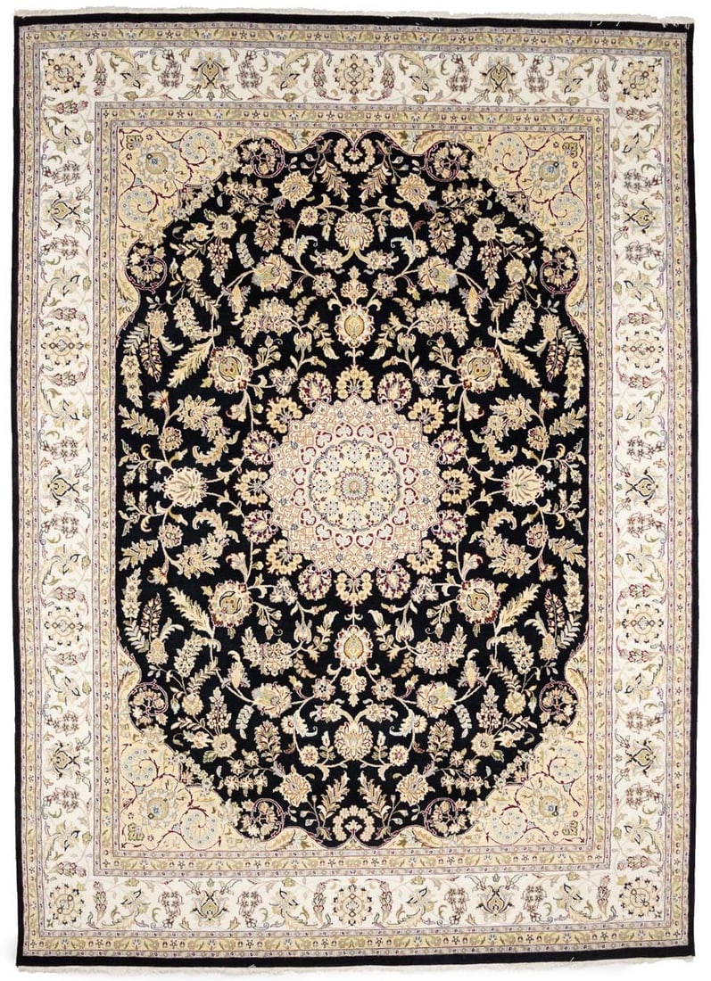 Hand-Knotted Indo-Nain Wool and Silk Rug 8'10 x 12'4 Floral Black Area Carpet: Hand-Knotted Indo-Nain Wool and Silk Rug 8'10 x 12'4 Floral Black Area Carpet This 9x12 Indo-Nain Oriental rug features a striking floral pattern in black, cream, caramel, gray, maroon, red, green, an