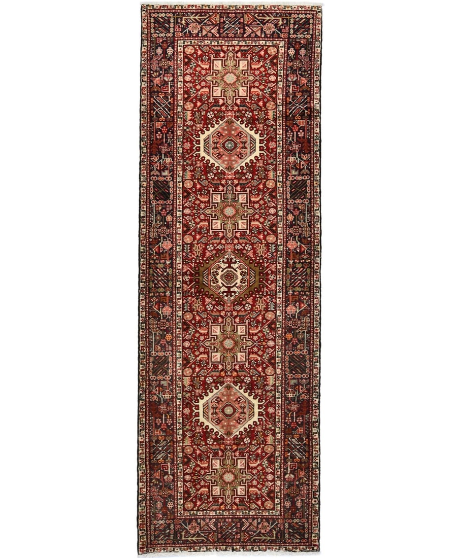 Wool Hand Knotted Tribal Runner Rug 3'6 x 10'4 Geometric Vintage: Wool Hand Knotted Tribal Runner Rug 3'6 x 10'4 Geometric Vintage Enhance your home decor with this stunning Tribal Oriental Runner Rug, measuring 3'6" x 10'4". Crafted from high-quality wool, this han