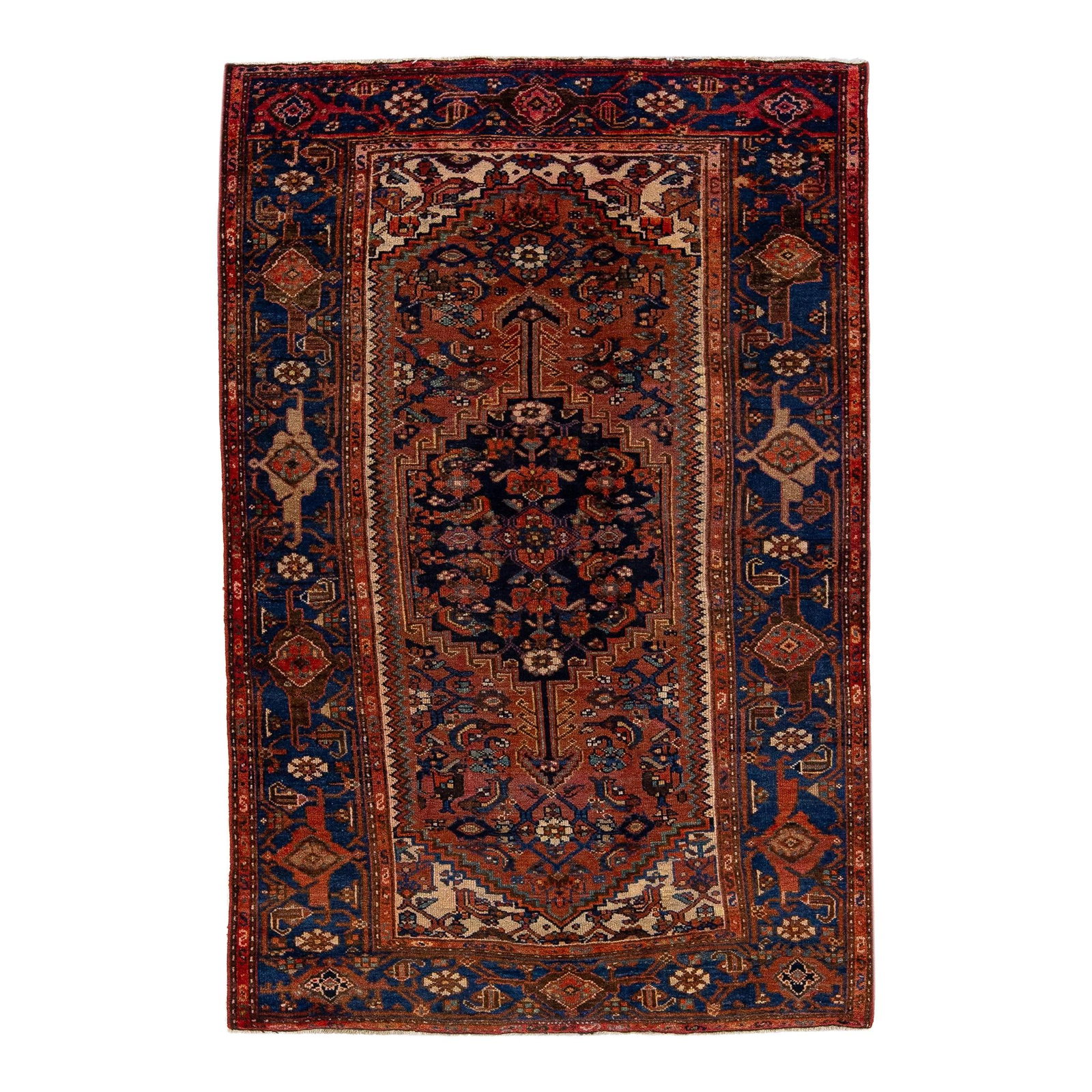 Vintage Persian Hamadan Navy Blue Wool Rug 4' x 6'2: Vintage Persian Hamadan Navy Blue Wool Rug 4' x 6'2 Enhance your space with this exquisite vintage Persian Hamadan rug, meticulously hand-knotted from premium wool. Featuring a striking navy blue fiel