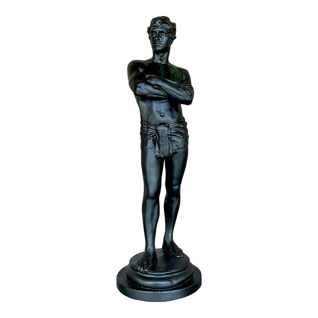 Black Plaster Male Bust 21.25 in Boho Sculpture: Black Plaster Male Bust 21.25 in Boho Sculpture This vintage boho plaster bust of a man showcases a unique charm with its eclectic and artistic design. Featuring detailed facial features and a texture