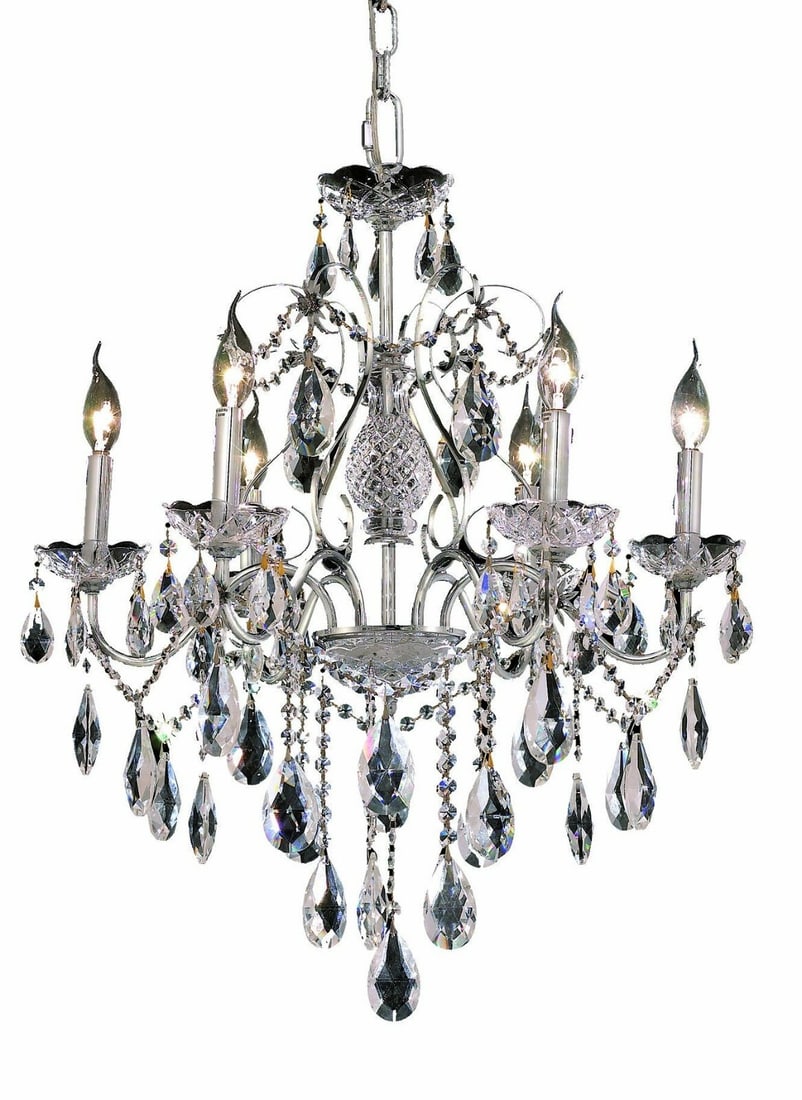 St. Francis 6 Light Chrome Crystal Pendant Chandelier 24 in: St. Francis 6 Light Chrome Crystal Pendant Chandelier 24 in Modern 6-light pendant chandelier in chrome finish with clear glass and tear drop pendant crystals. It is hardwired, designed for indoor use