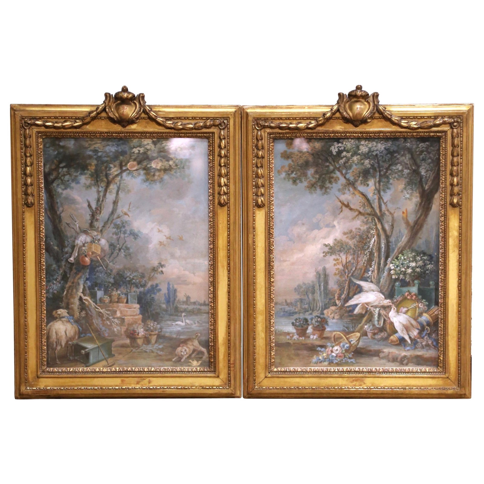 Set of Two Louis XVI French Watercolors in Giltwood Frames with Glass circa 1780: Set of Two Louis XVI French Watercolors in Giltwood Frames with Glass circa 1780 This elegant pair of late 18th-century French Louis XVI watercolors features romantic pastoral landscapes executed in s