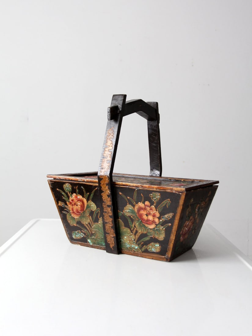 Antique Chinese Hand-Painted Black Box with Pink Flowers (1 of 14)