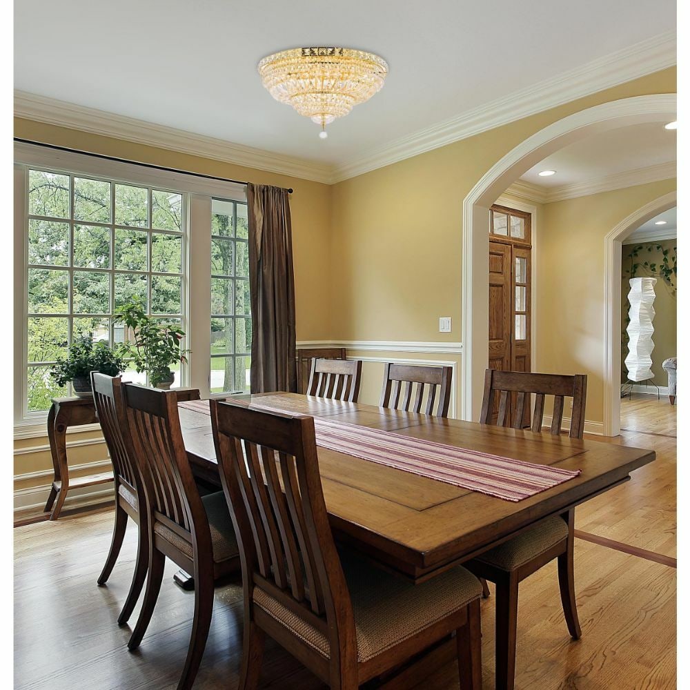 Tranquil 12-Light Gold Crystal Flush Mount Chandelier: Tranquil 12-Light Gold Crystal Flush Mount Chandelier This modern flush mount chandelier features a 24-inch round design with a gold-plated finish and high-quality Royal Cut clear crystal accents. It 