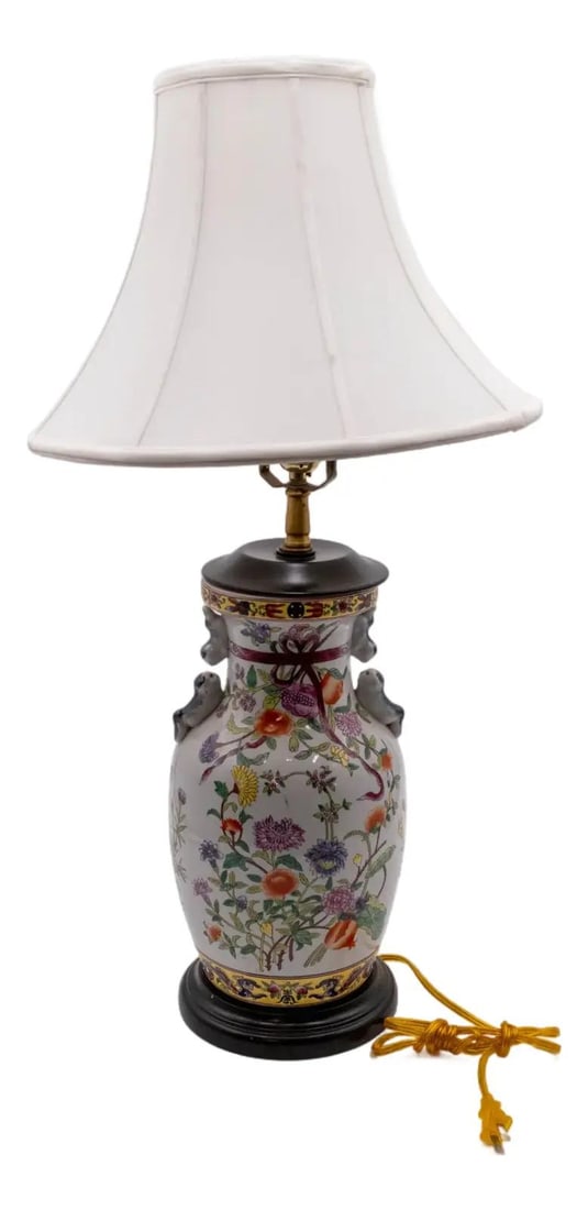 Chinoiserie Porcelain Urn Lamp Famille Rose Floral Motif: Chinoiserie Porcelain Urn Lamp Famille Rose Floral Motif This stunning Chinoiserie Porcelain Urn Jar Table Lamp showcases exquisite craftsmanship with its vibrant Famille Rose style and floral motifs.