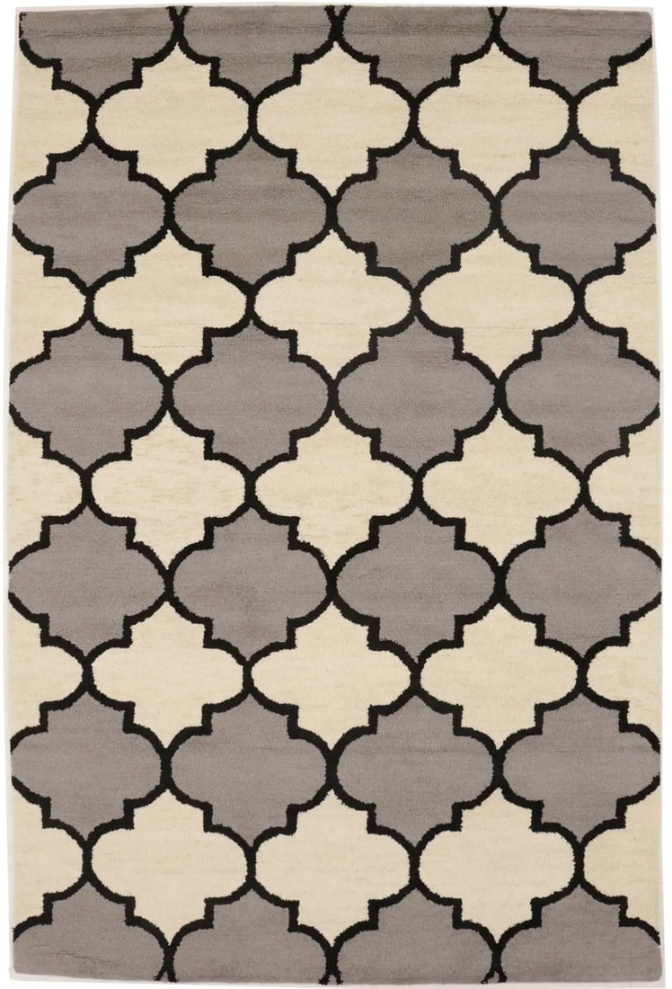 Hand-Tufted Wool Trellis Pattern 5x8 Modern Area Rug for Kids Bedroom: Hand-Tufted Wool Trellis Pattern 5x8 Modern Area Rug for Kids Bedroom This hand-tufted area rug features a multicolored trellis design in gray, cream, and black tones, offering a modern style ideal fo