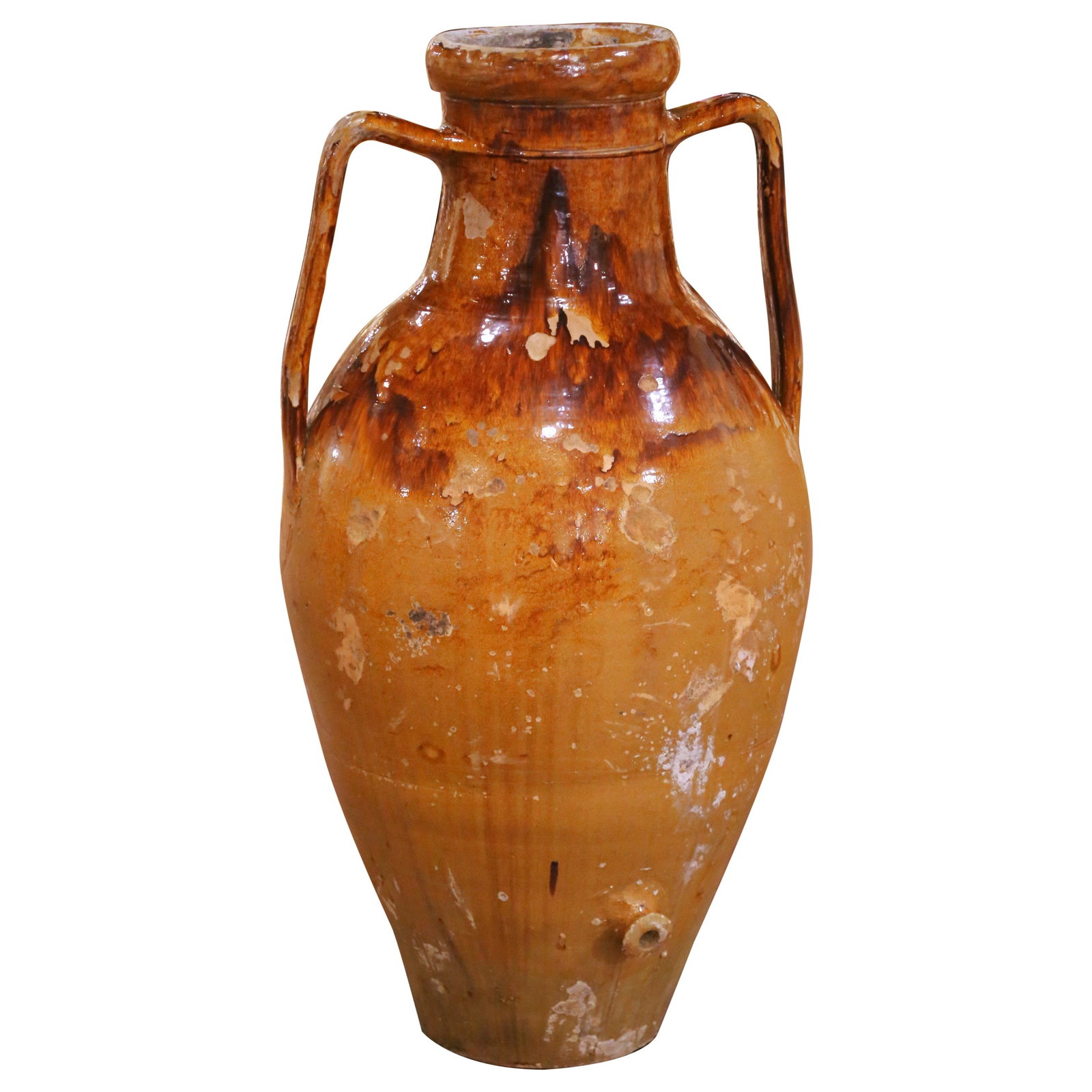 Large French Olive Oil Terracotta Jar with Handles and Spout circa 1860: Large French Olive Oil Terracotta Jar with Handles and Spout circa 1860 This monumental French terracotta olive oil jar from Provence, dating to circa 1860, showcases a classic baluster form with a th