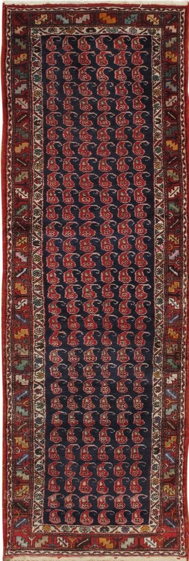 Vintage Persian Malayer Handmade Wool Runner 3'5 x 10'8 Blue Geometric Design: Vintage Persian Malayer Handmade Wool Runner 3'5 x 10'8 Blue Geometric Design Discover the charm of this beautiful vintage Persian Malayer handmade wool runner, featuring a stunning blue field adorned