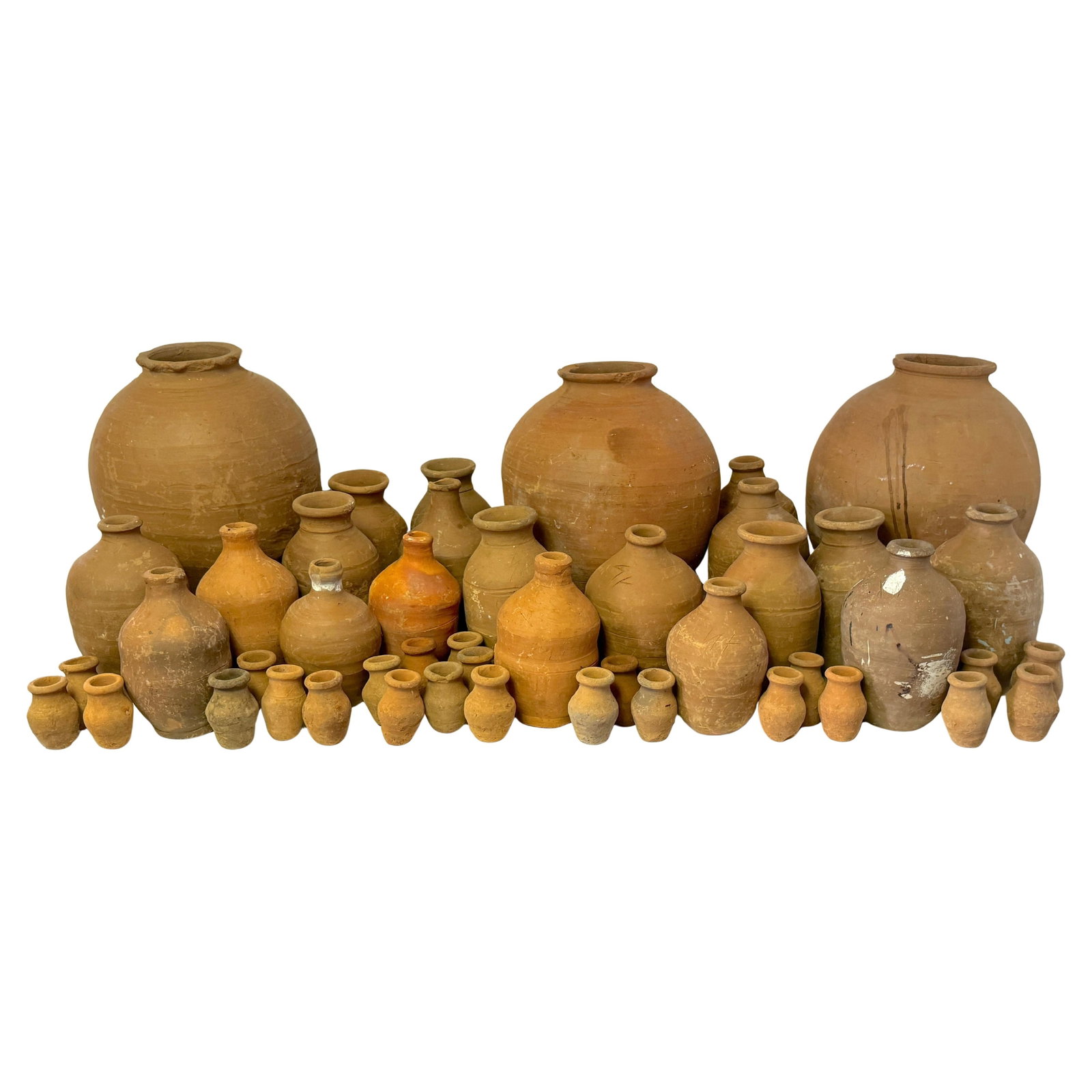 46 Piece Spanish Colonial Terracotta Vases Collection Rustic Set: 46 Piece Spanish Colonial Terracotta Vases Collection Rustic Set This remarkable collection features 46 Spanish Colonial-style hand-thrown terracotta vessels, dating from the late 19th to early 20th c