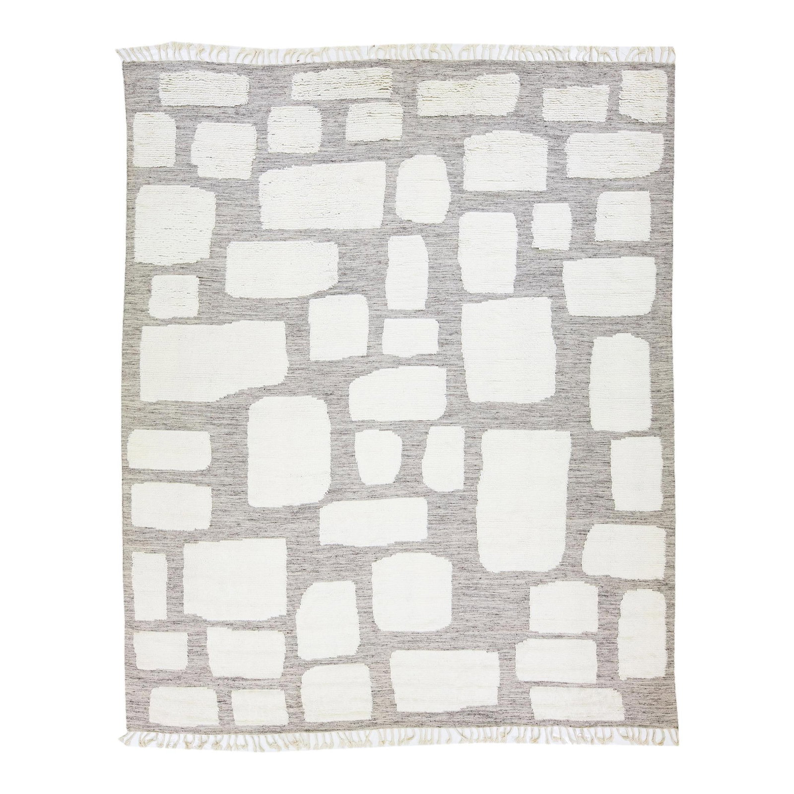 Oversize Handmade Moroccan Style Grey Wool Rug: Oversize Handmade Moroccan Style Grey Wool Rug This exquisite modern Moroccan style rug showcases a hand-knotted design with a light gray field and elegant ivory accents. Its stunning geometric patter