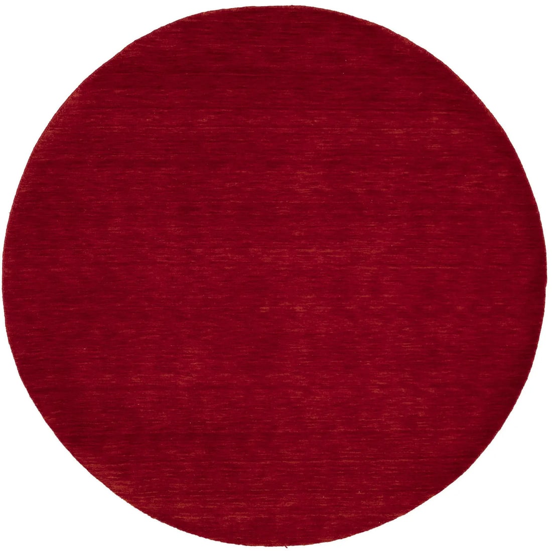 Round Red Hand-Loomed Wool Gabbeh Rug 6x6: Round Red Hand-Loomed Wool Gabbeh Rug 6x6 This round Gabbeh rug features a solid red design, hand-loomed from wool for a modern aesthetic. Its medium pile and 0.5-inch thickness offer both comfort and