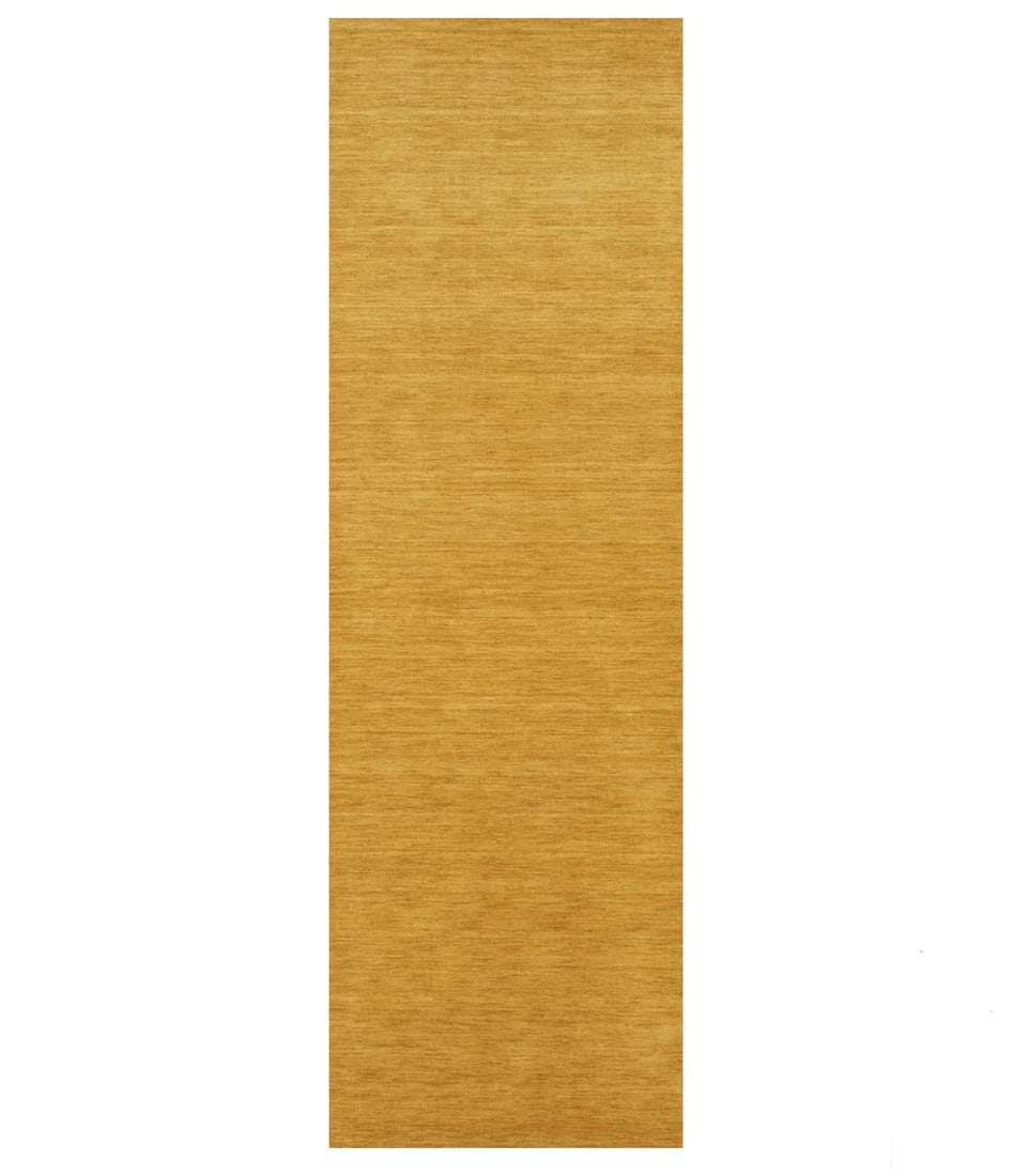 Golden Peach Wool Gabbeh Runner Rug 2'7 x 7'10 Hand-Loomed: Golden Peach Wool Gabbeh Runner Rug 2'7 x 7'10 Hand-Loomed This hand-loomed Gabbeh runner rug features a solid golden peach color and a modern design. Made from wool, it offers a medium pile height an