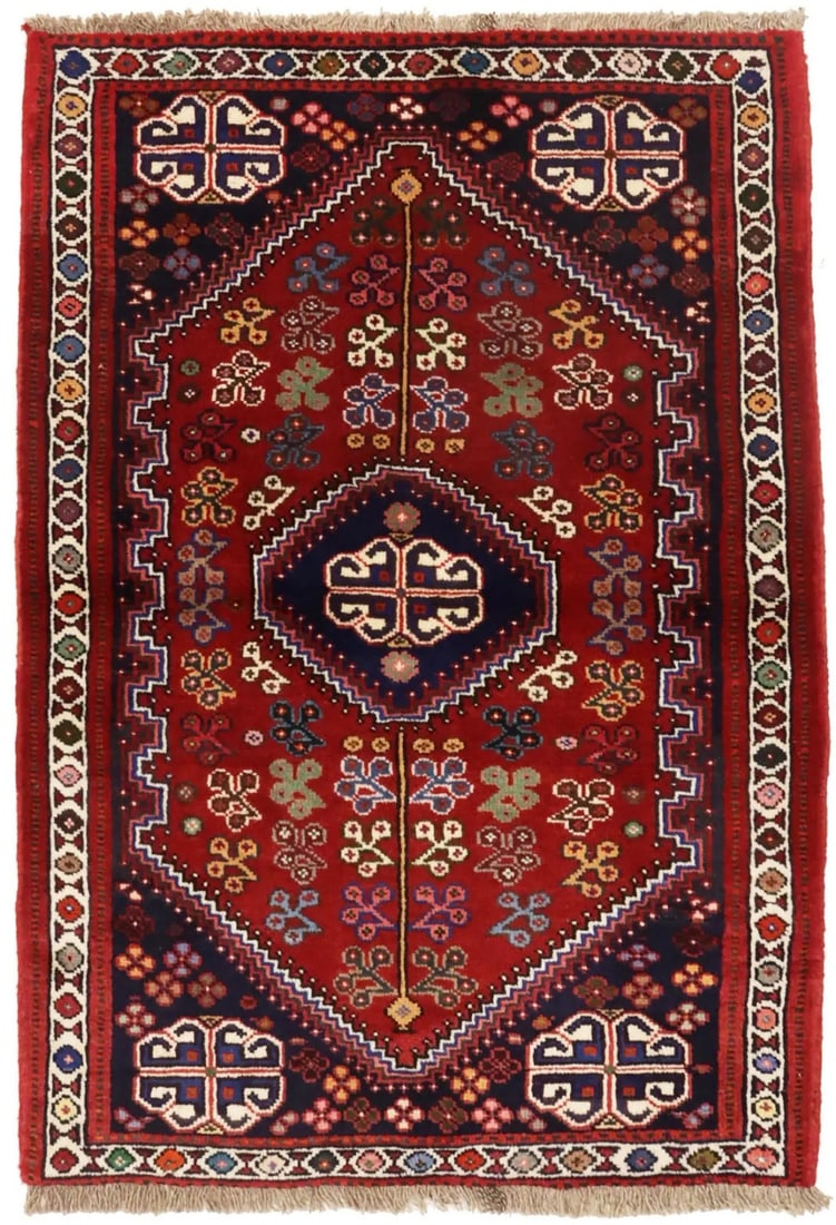 Hand-Knotted Geometric Tribal Wool Area Rug 3'3 x 4'7: Hand-Knotted Geometric Tribal Wool Area Rug 3'3 x 4'7 Enhance your home with this exquisite hand-knotted geometric tribal oriental rug, perfect for farmhouse decor. Measuring 3'3" x 4'7", this stunnin