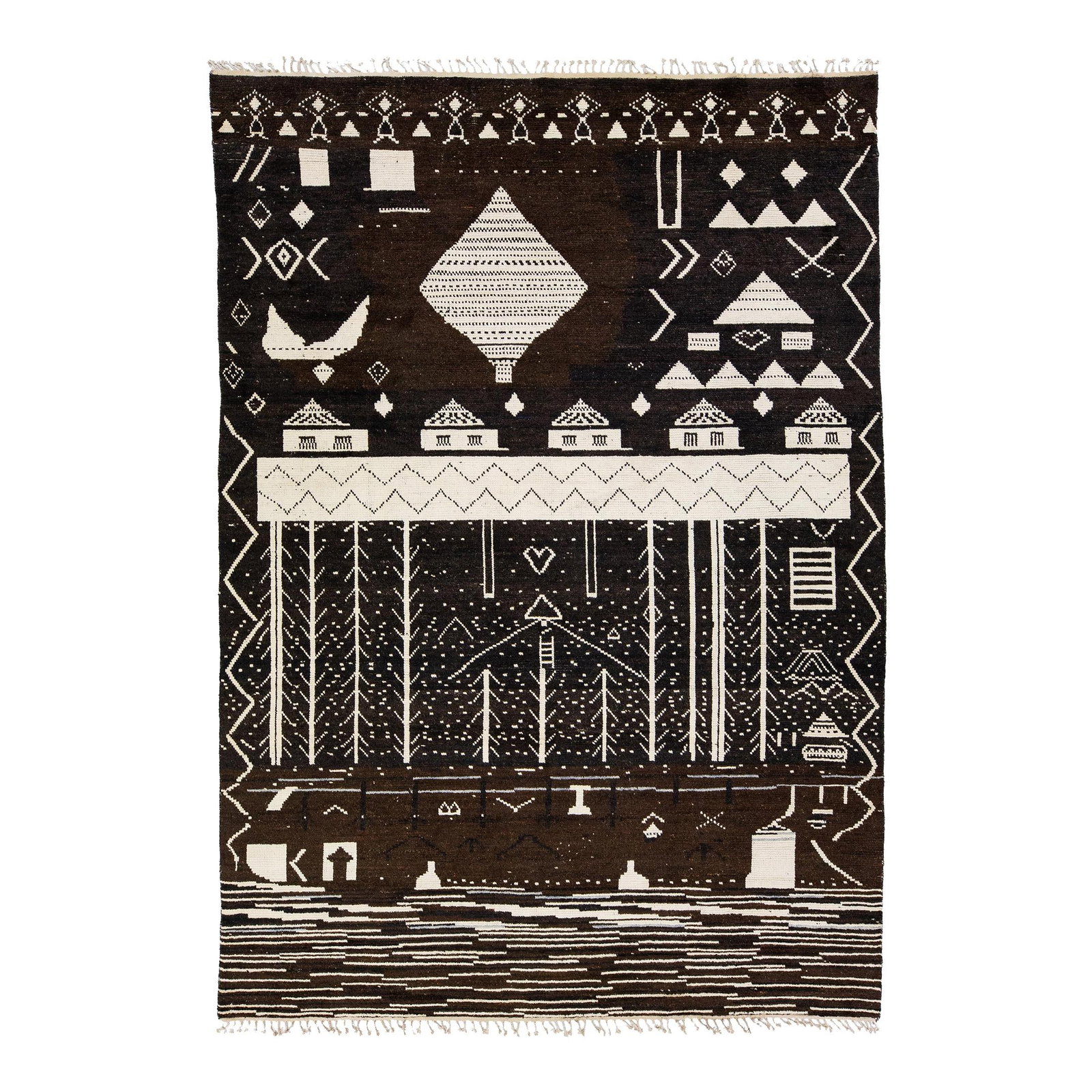 Handmade Moroccan Wool Rug with Tribal Design 10'1 x 14'2: Handmade Moroccan Wool Rug with Tribal Design 10'1 x 14'2 Enhance your living space with this stunning modern Moroccan style hand-knotted wool rug. Featuring a rich brown field and intricate beige tri