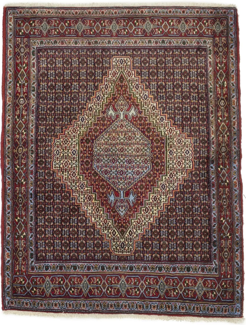 4x5 Hand-Knotted Wool Area Rug Purple and Navy Floral Geometric Pattern: 4x5 Hand-Knotted Wool Area Rug Purple and Navy Floral Geometric Pattern This handmade vintage oriental rug features a striking geometric floral design in shades of purple, navy, cream, red, brown, gre