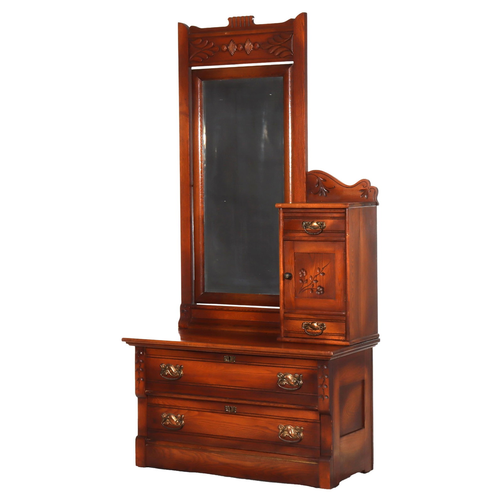 Oak Dresser With Mirror and Side Cabinet Featuring Spoon Carved Details Circa 1900: Oak Dresser With Mirror and Side Cabinet Featuring Spoon Carved Details Circa 1900 This antique dresser, crafted circa 1900, showcases the refined style of the late Victorian or early Edwardian era. M