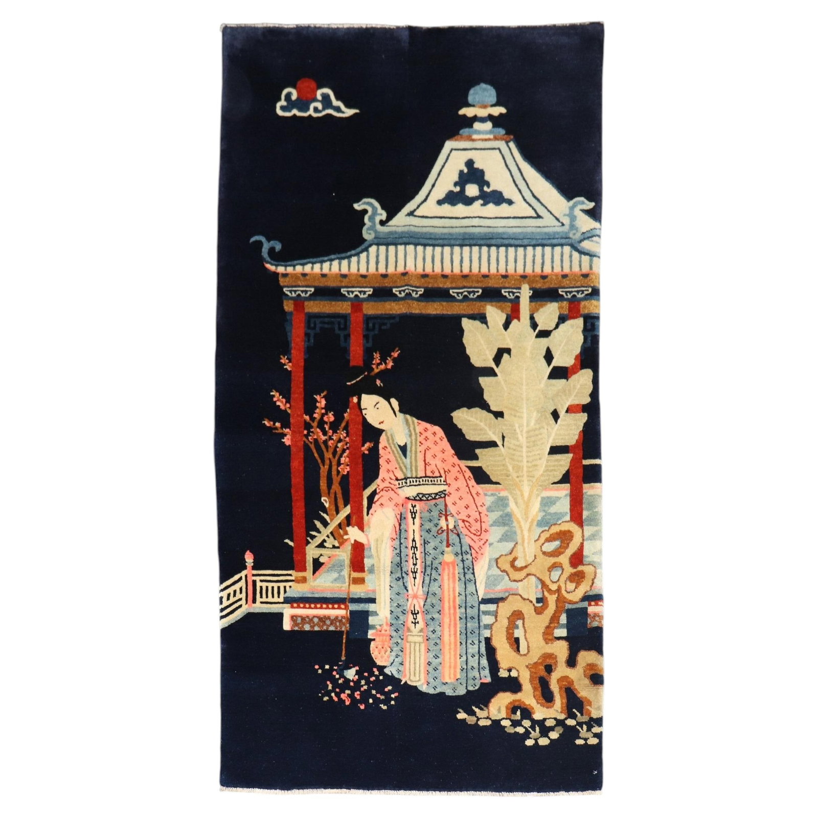 32 in x 63 in Antique Baotou Chinese Pictorial Wool Rug: 32 in x 63 in Antique Baotou Chinese Pictorial Wool Rug An antique Chinese Baotou (Baotou-Suiyuan) pictorial rug from the early 20th century, dating to the 1920s Republic/Art Deco period. It is woven 