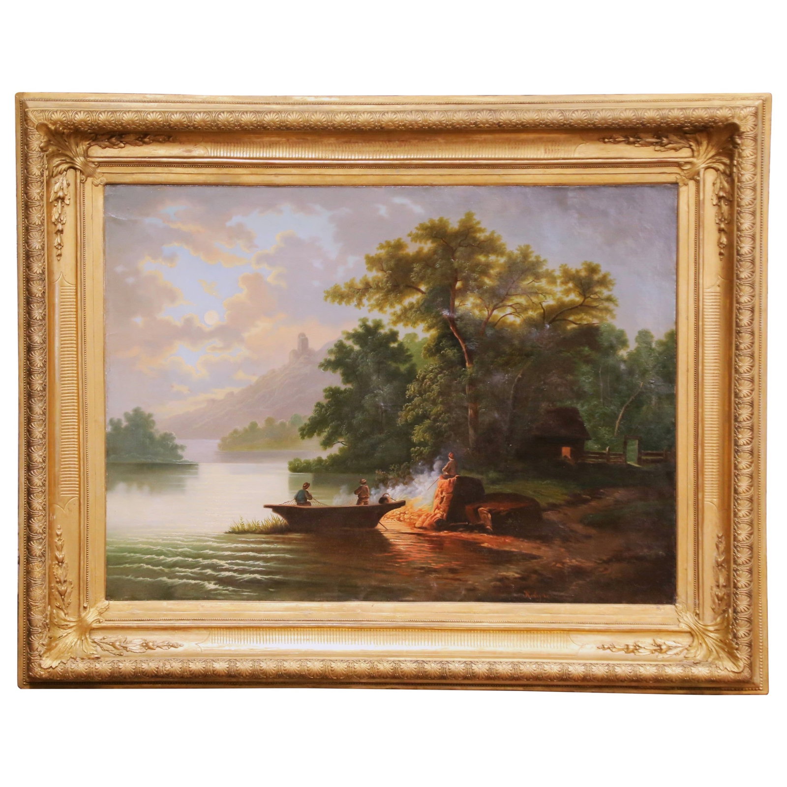 Signed Mid 19th Century French Riverside Oil Painting in Carved Gilt Frame: Signed Mid 19th Century French Riverside Oil Painting in Carved Gilt Frame This mid-19th century French oil on canvas features a tranquil river landscape, painted circa 1850. The scene showcases figur