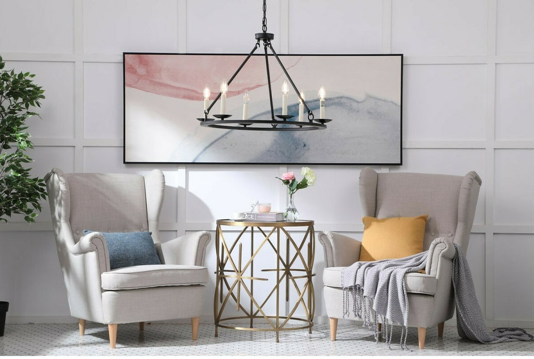 Living District Maine 6-Light Black Metal Chandelier: Living District Maine 6-Light Black Metal Chandelier This black farmhouse-style chandelier features a sturdy metal frame with cast iron, crystal, glass, and steel elements. Designed in the style of wr