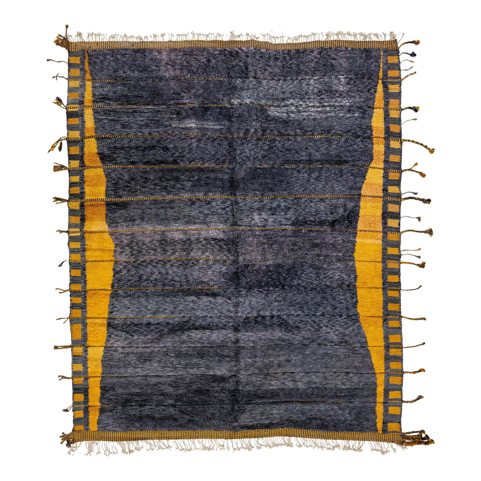 Modern Moroccan Gray Yellow Wool Rug Geometric Design 11'4 x 12'5: Modern Moroccan Gray Yellow Wool Rug Geometric Design 11'4 x 12'5 This exquisite Moroccan handmade rug features a stunning gray field complemented by vibrant yellow accents and elegant beige fringes. 
